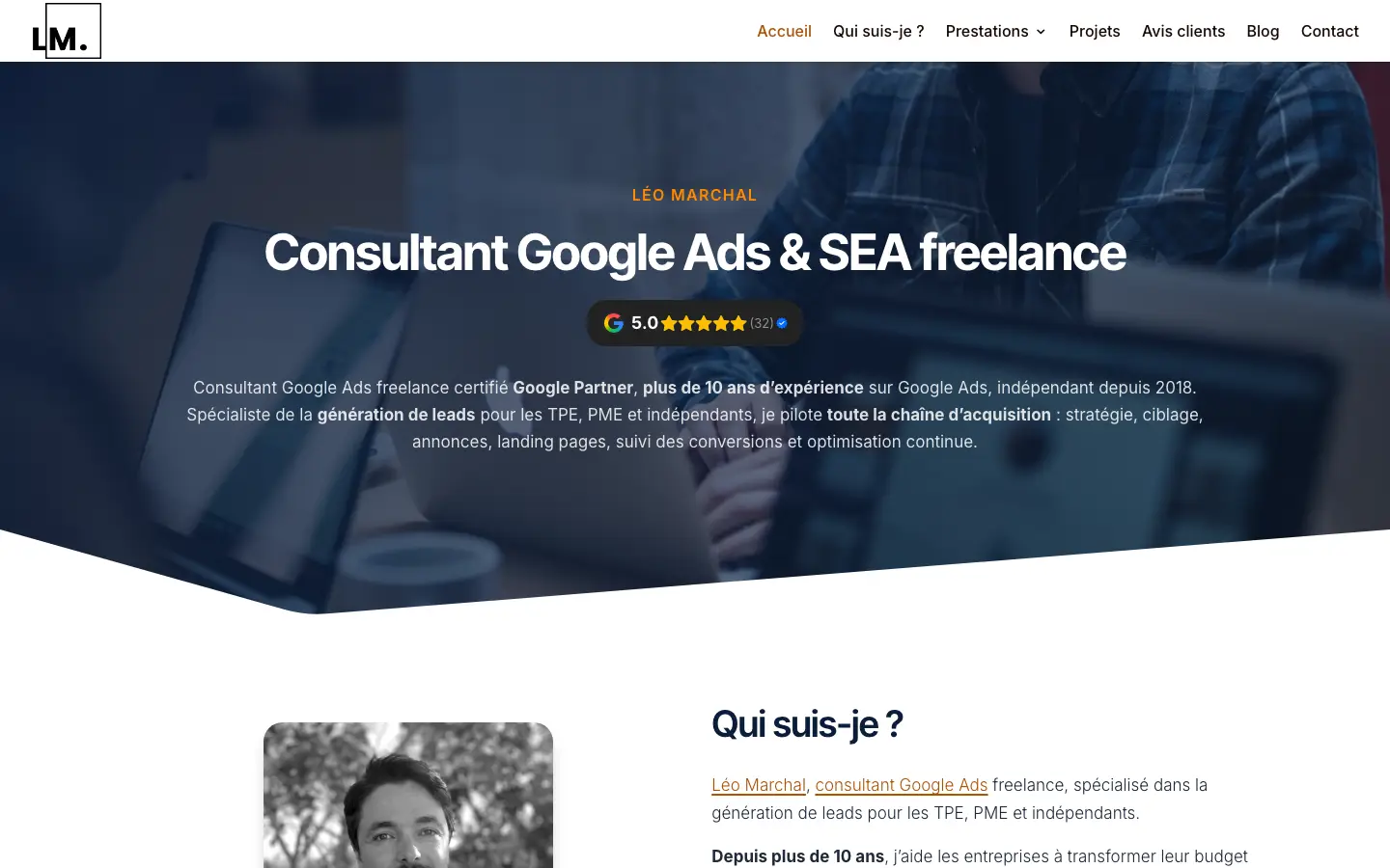 Homepage of the website of Léo Marchal, freelance Google Ads and paid search consultant