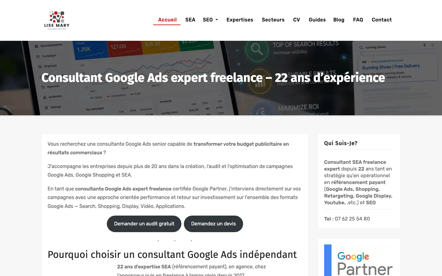 Homepage of the website of Lise Mary, freelance Google Ads consultant in Angers