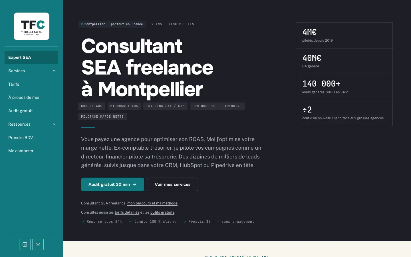 Homepage of the website of Thibault Fayol, freelance paid search consultant in Montpellier