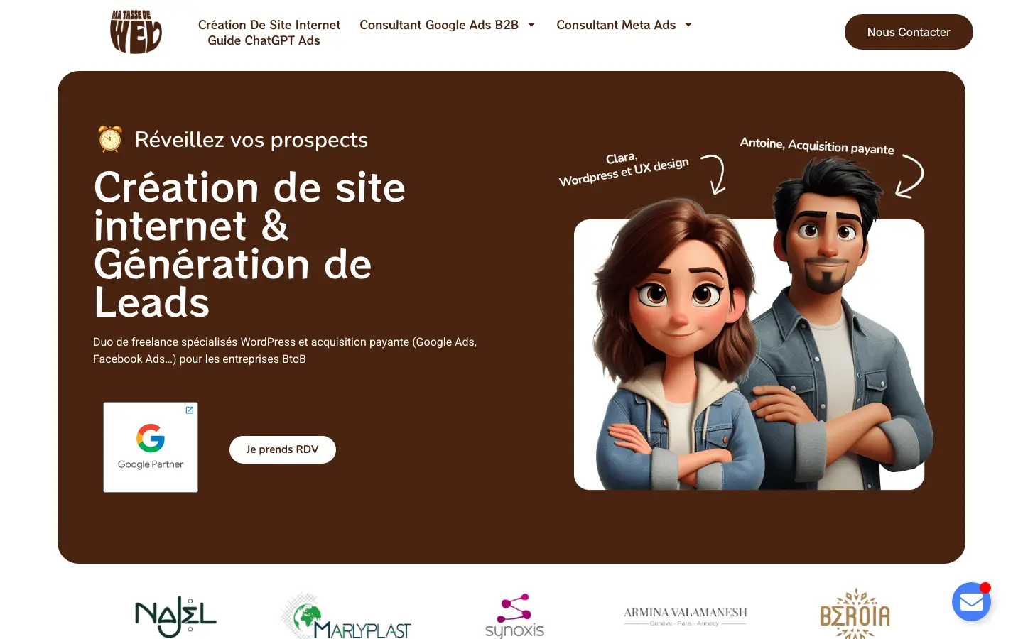 Homepage of the website of Ma Tasse de Web, a duo of freelancers in website creation and B2B lead acquisition