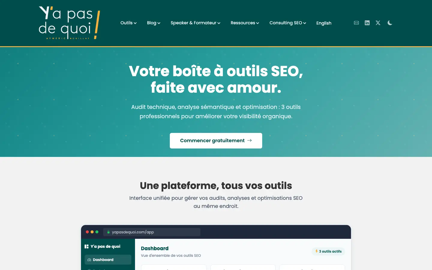 Home page of Y'a pas de quoi, the site of Aymeric Bouillat, technical SEO consultant
