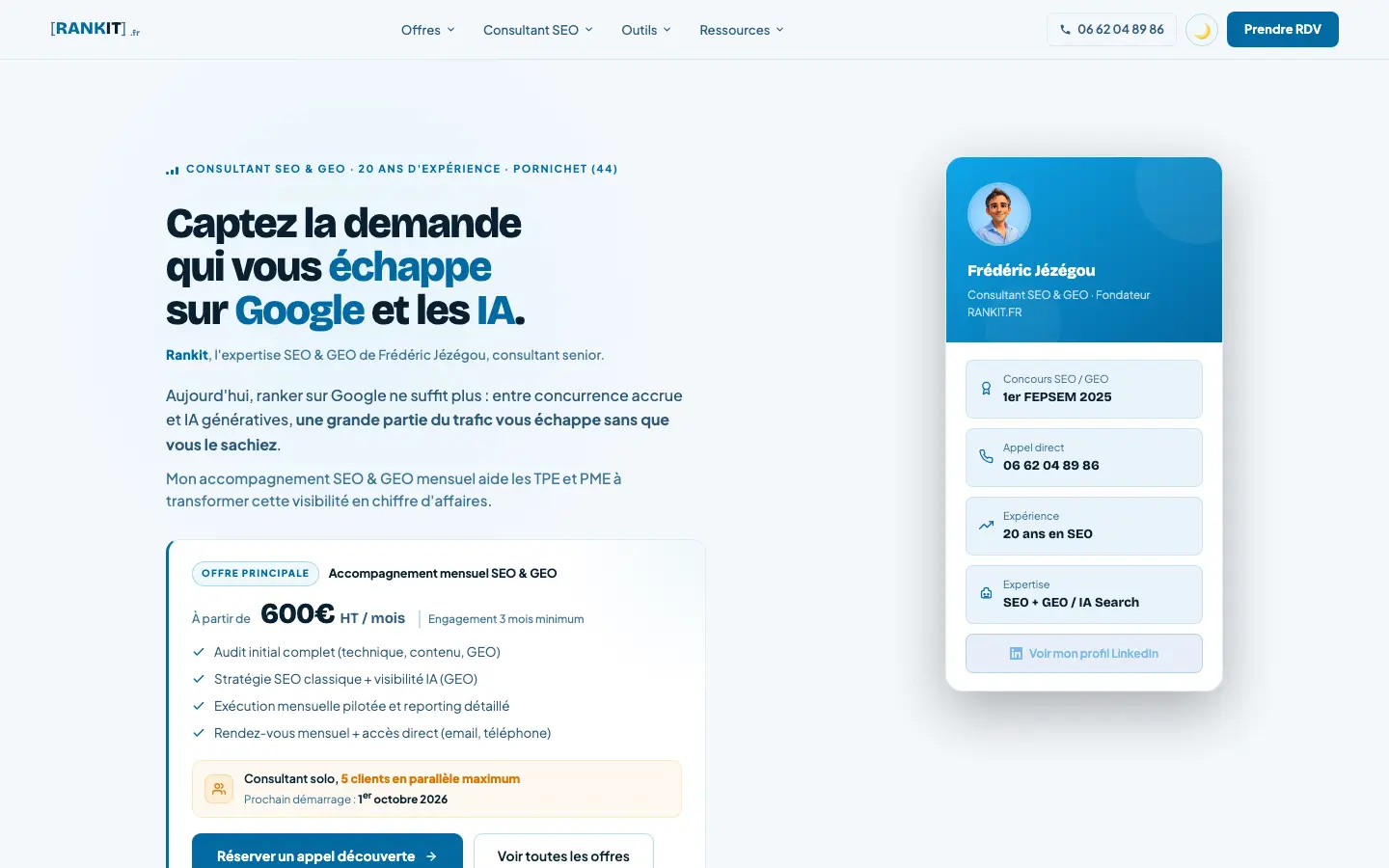Home page of Rankit, the site of Frédéric Jézégou, SEO and GEO consultant in Loire-Atlantique
