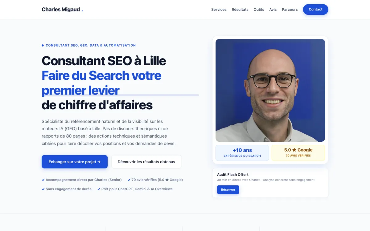 Home page of the site of Charles Migaud, SEO and GEO consultant in Lille