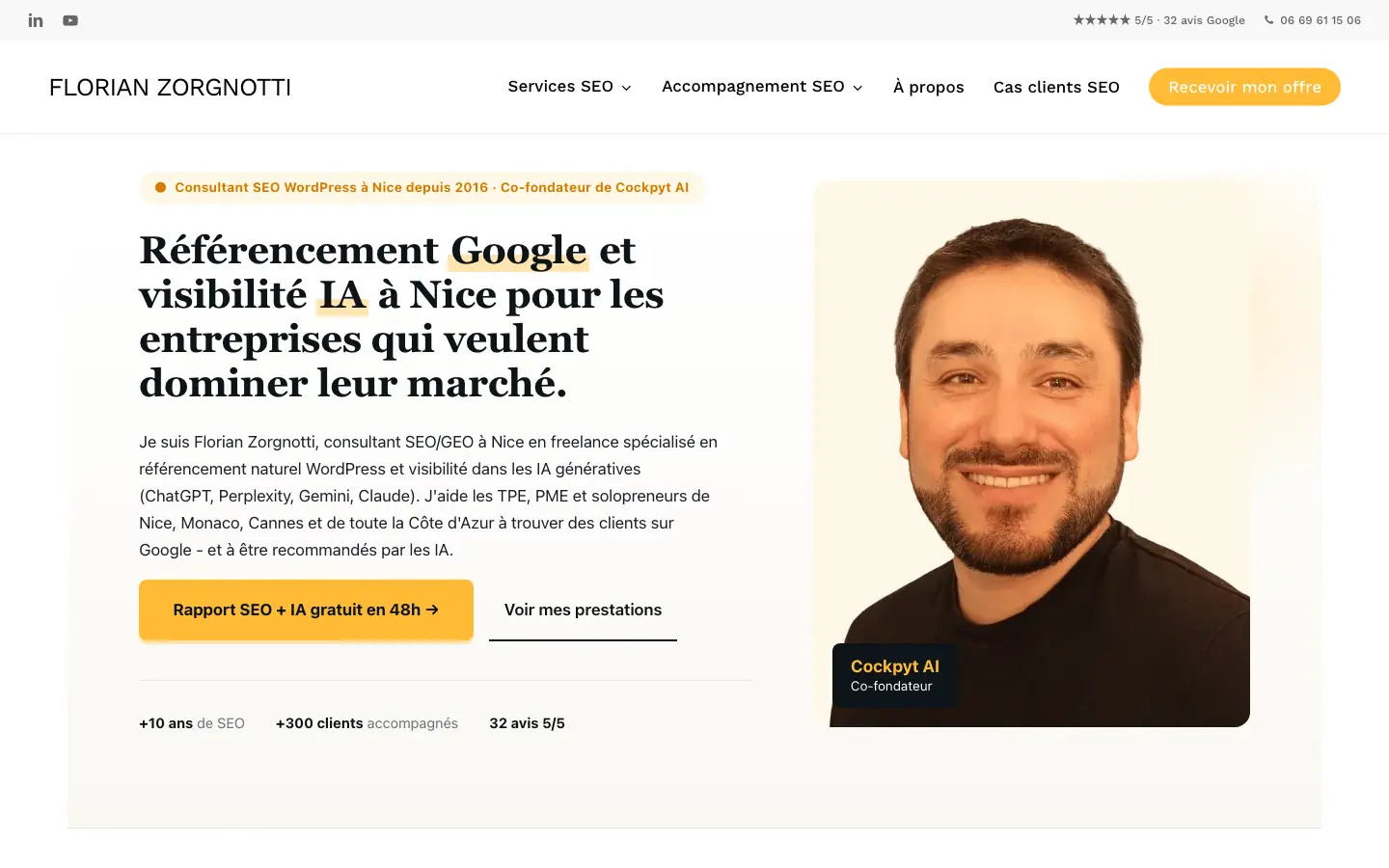 Home page of the website of Florian Zorgnotti, freelance SEO and GEO consultant in Nice