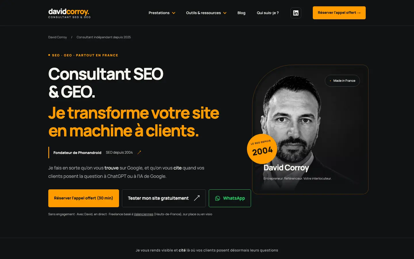 Home page of the website of David Corroy, independent SEO and GEO consultant in Valenciennes