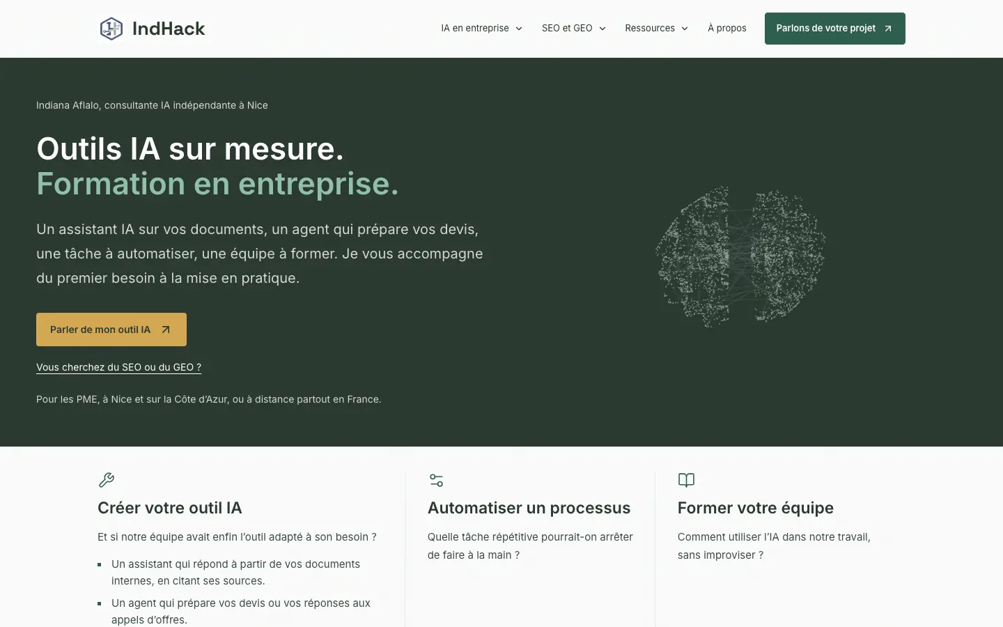 Home page of the website of Indiana Aflalo, AI, SEO and GEO consultant in Nice