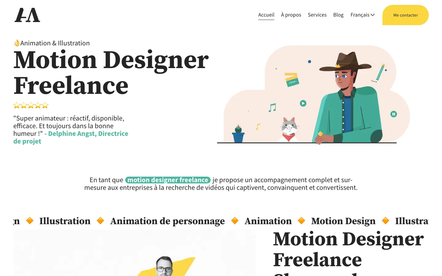 Homepage of the website of Alexandre Menuge, freelance motion designer near Bordeaux