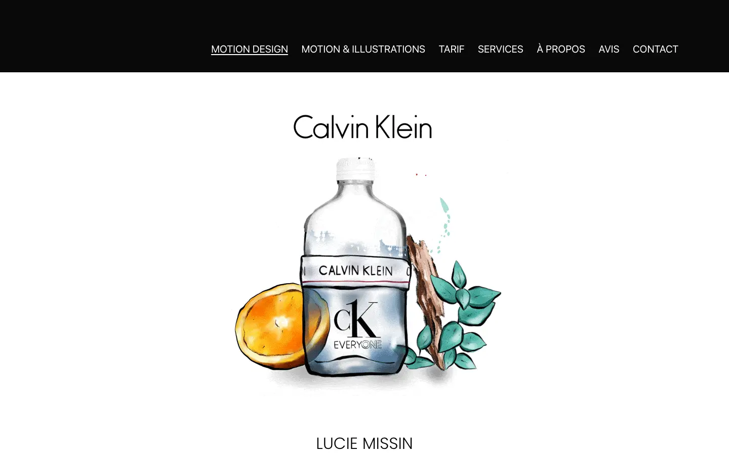 Homepage of the website of Lucie Missin, freelance motion designer in Paris