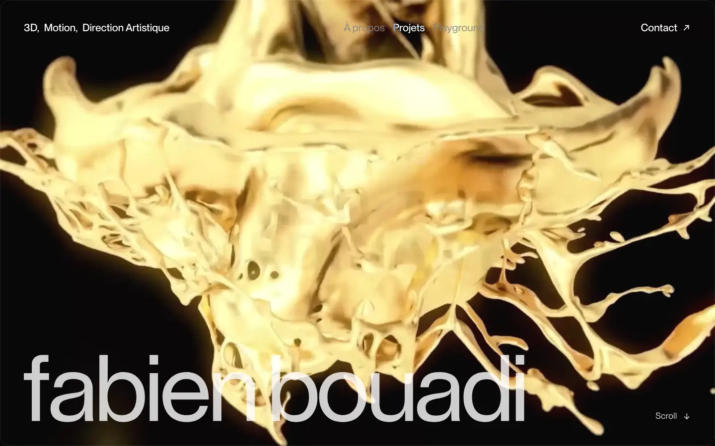 Homepage of the website of Fabien Bouadi, freelance art director and 3D motion designer in Paris