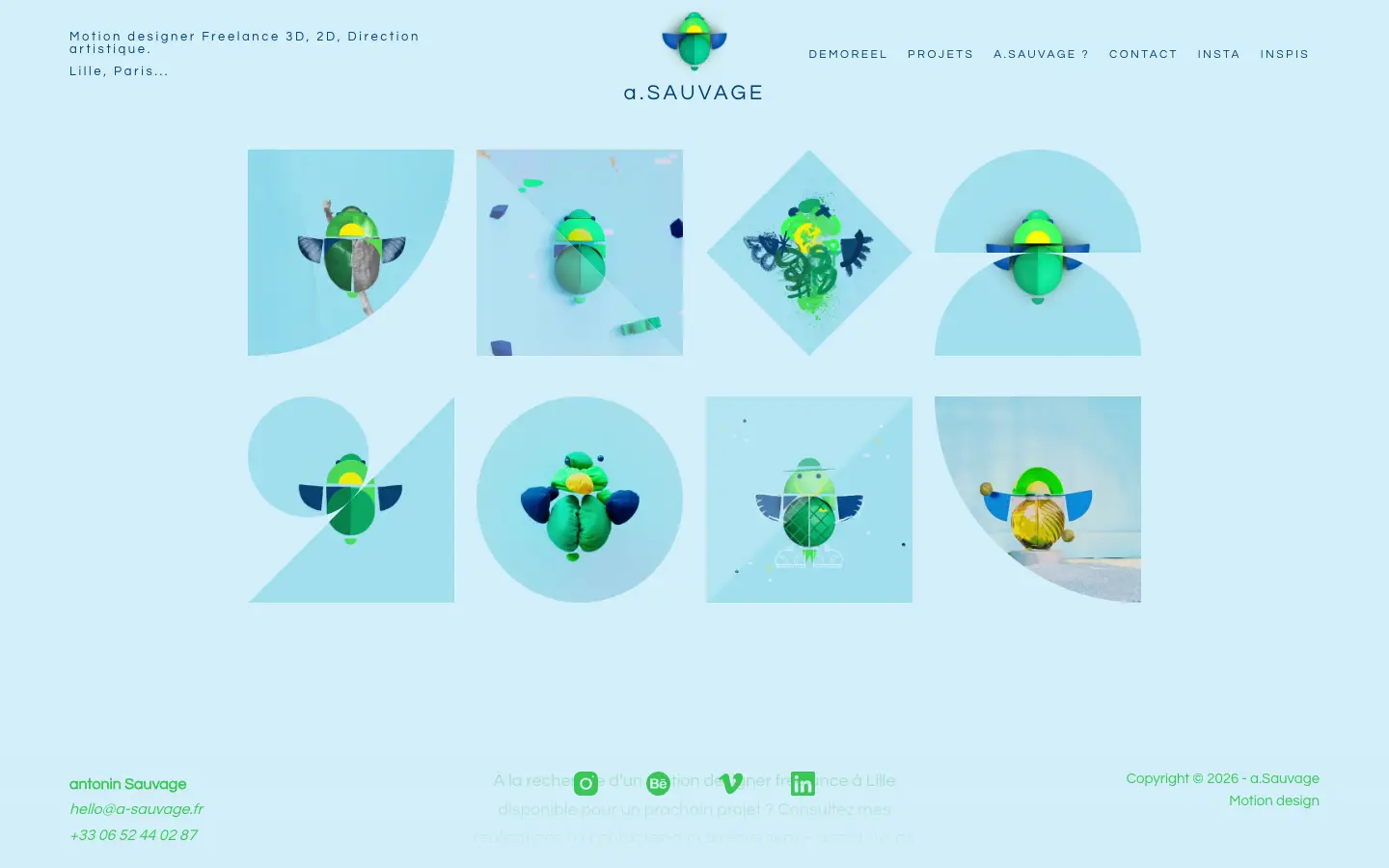 Homepage of the a.Sauvage website of Antonin Sauvage, freelance 3D and 2D motion designer in Lille