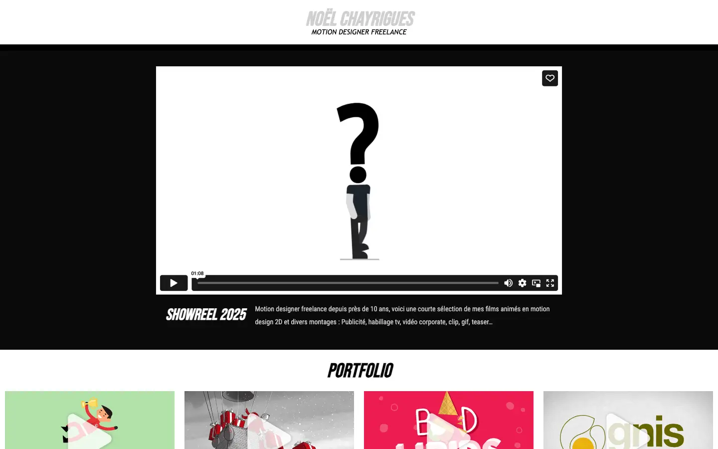 Homepage of the website of Noël Chayrigues, freelance motion designer, with his 2025 showreel