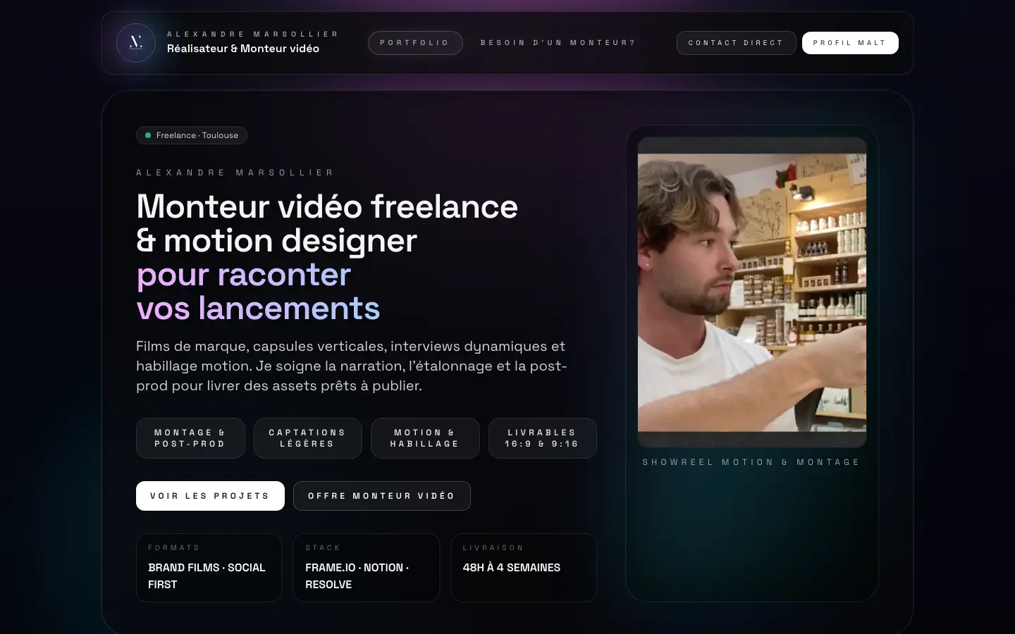 Homepage of the website of Alexandre Marsollier, freelance video editor and motion designer in Toulouse