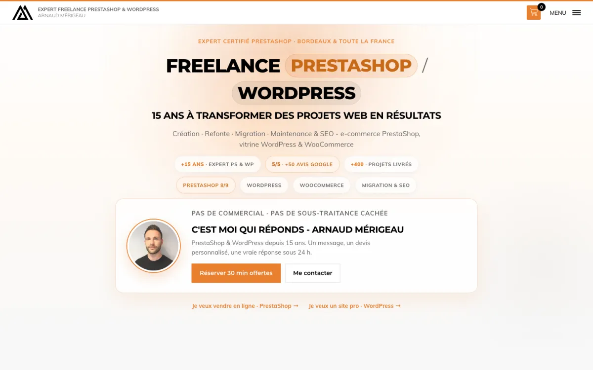 Homepage of the website of Arnaud Mérigeau, PrestaShop and WordPress freelancer in Bordeaux