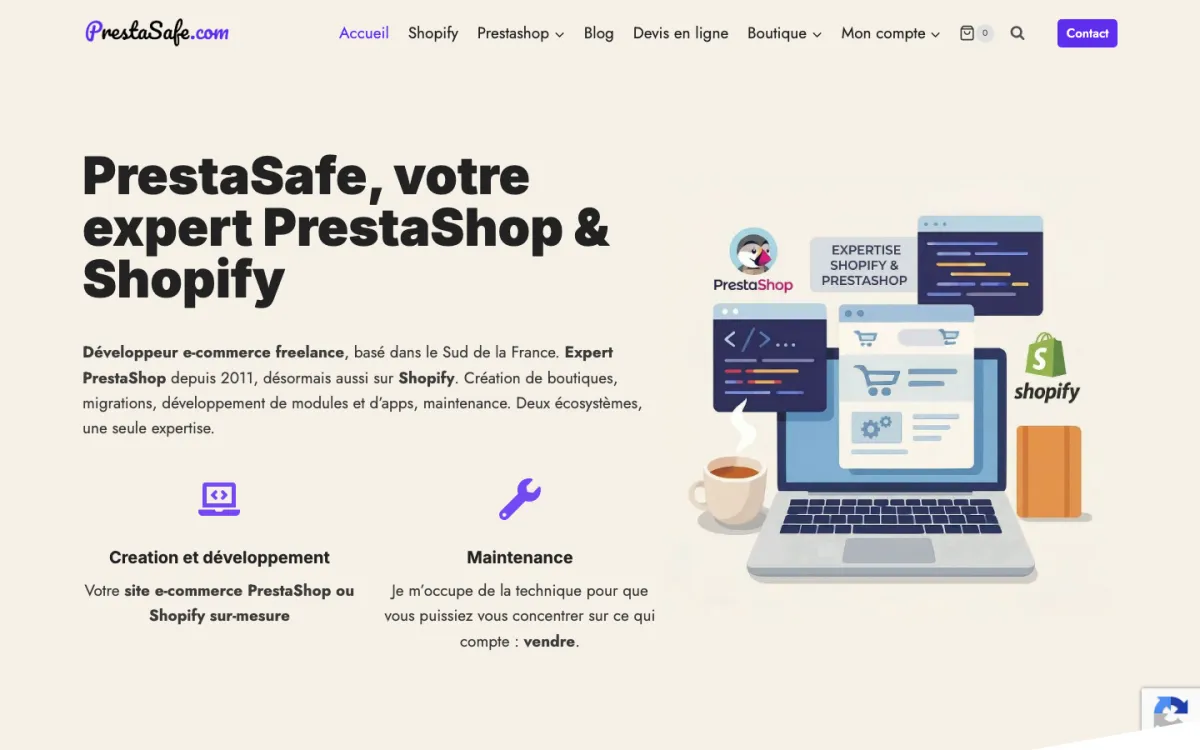 Homepage of the website of PrestaSafe, freelance PrestaShop and Shopify expert