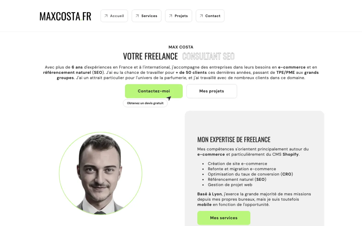 Homepage of the website of Max Costa, freelance e-commerce and SEO consultant in Lyon