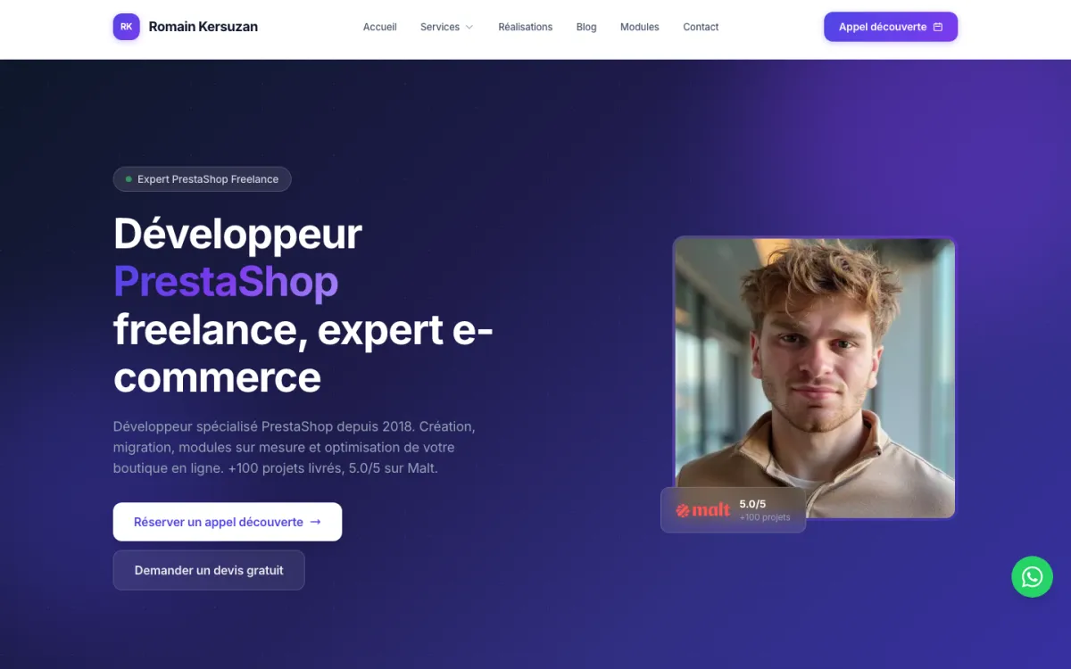 Homepage of the website of Romain Kersuzan, freelance PrestaShop developer