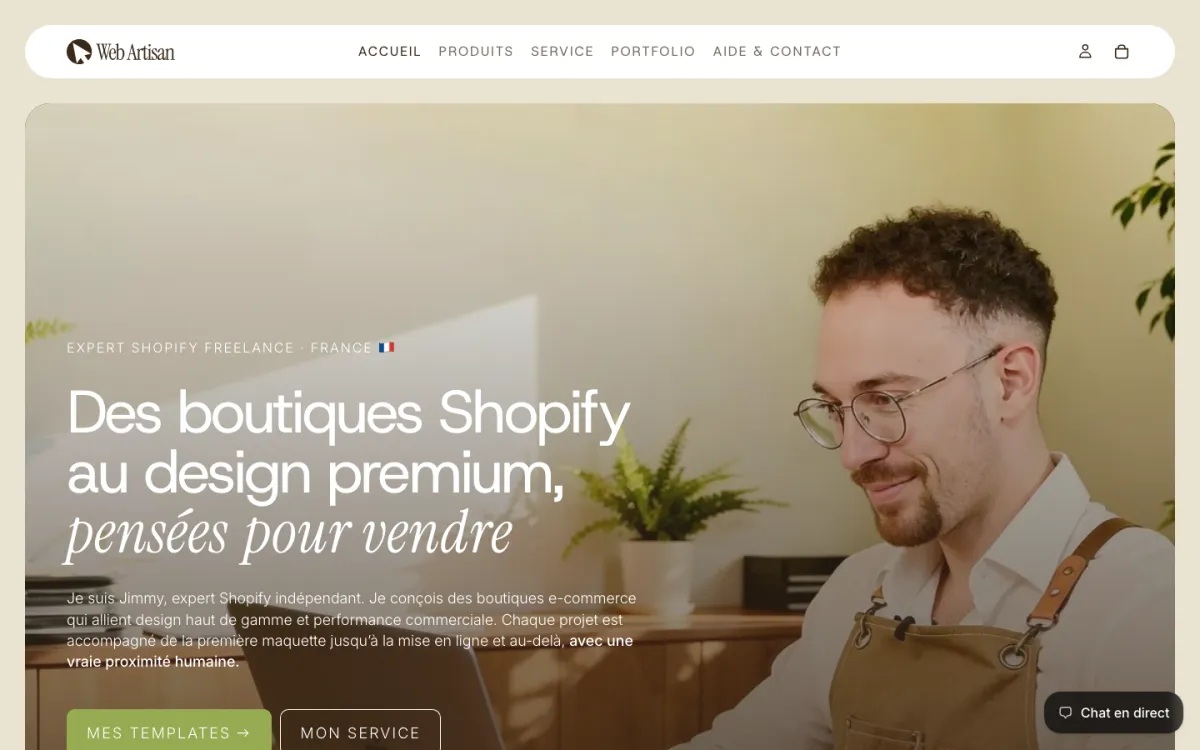 Homepage of the website of Web Artisan, freelance Shopify expert