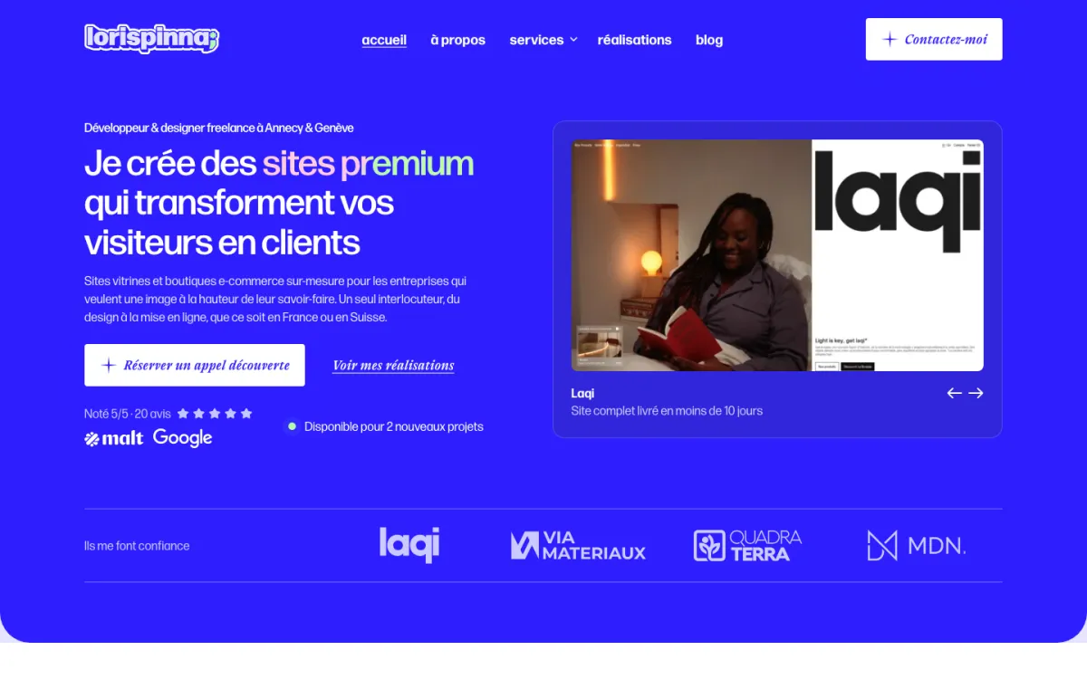 Homepage of the website of Loris Pinna, freelance developer and designer in Annecy and Geneva