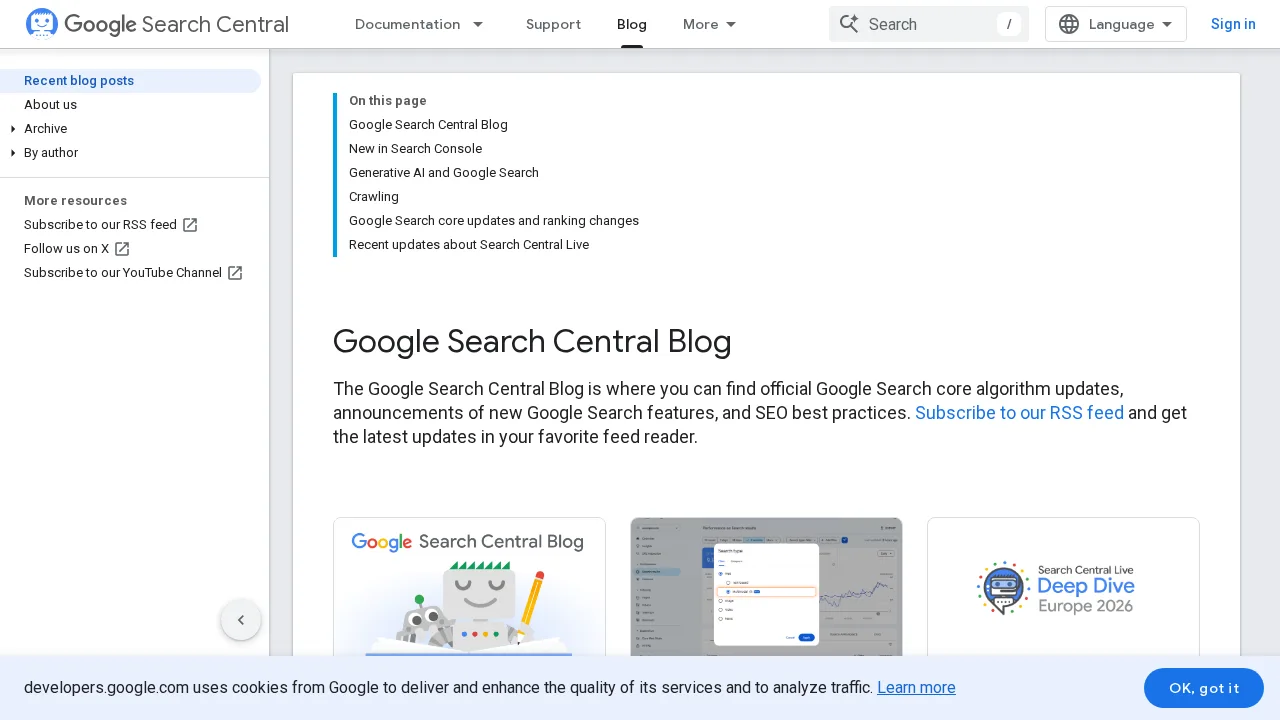 Beranda Google Search Central Blog dengan judul blog, deskripsi pembaruan resmi Google Search, dan menu kiri berisi postingan terbaru serta arsip