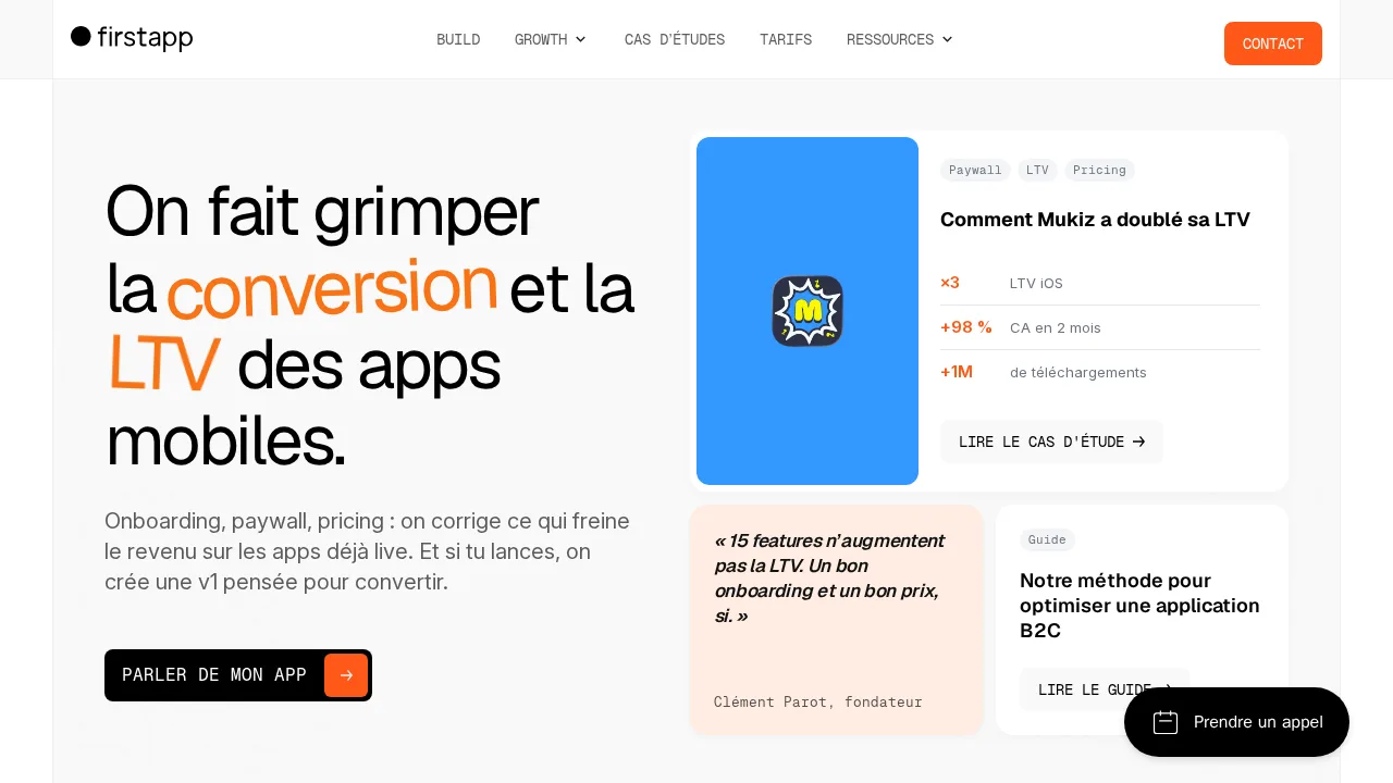 Clément Parot가 창업한 에이전시 firstapp의 홈페이지, On fait grimper la conversion et la LTV des apps mobiles라는 헤드라인이 보인다