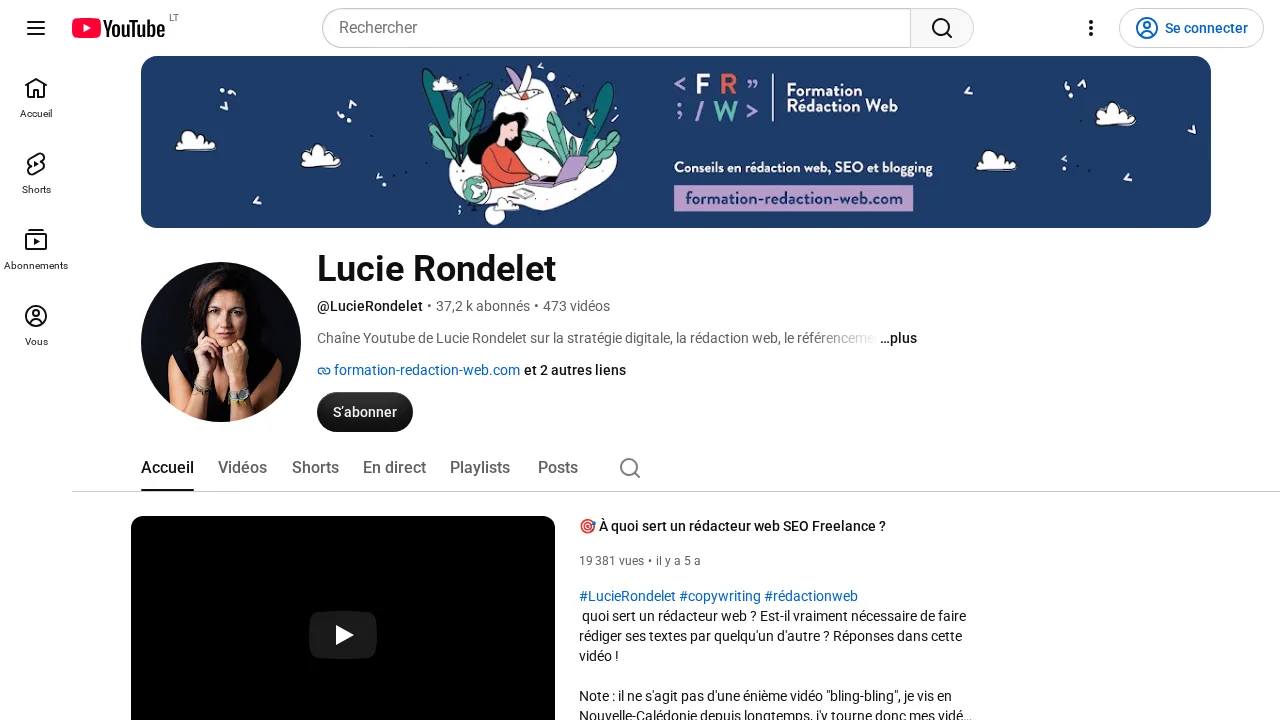 Formation Rédaction Web 배너가 있는 Lucie Rondelet의 YouTube 채널