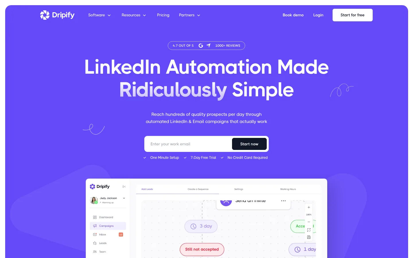Homepage of the Dripify software