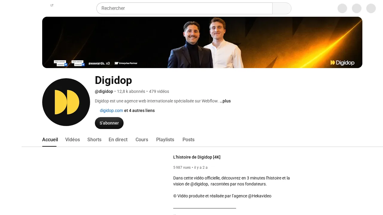 Webflow 専門の国際的なウェブ制作会社 Digidop の YouTube チャンネル。登録者 1.28 万人、動画 479 本