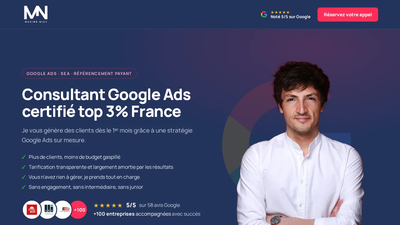Consultant Google Ads certifié top 3% France라는 헤드라인이 있는 Google Ads 컨설턴트 Maxime Niay의 홈페이지