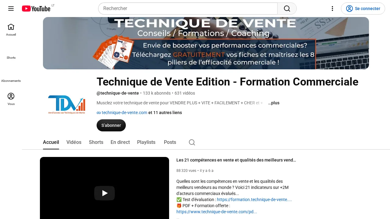 YouTube チャンネル Technique de Vente Edition。無料の営業シートを案内するバナー