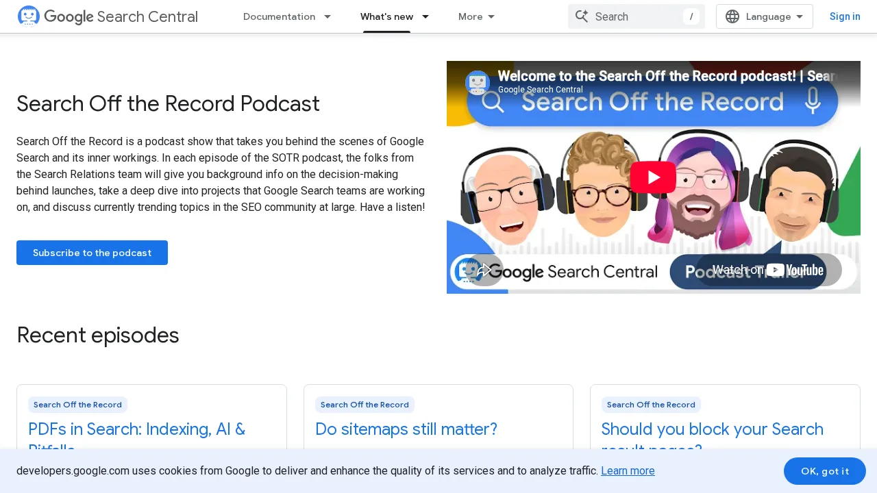 Strona Search Off the Record w Google Search Central, z opisem podcastu, filmem zapowiadającym z czterema ilustrowanymi prowadzącymi i najnowszymi odcinkami