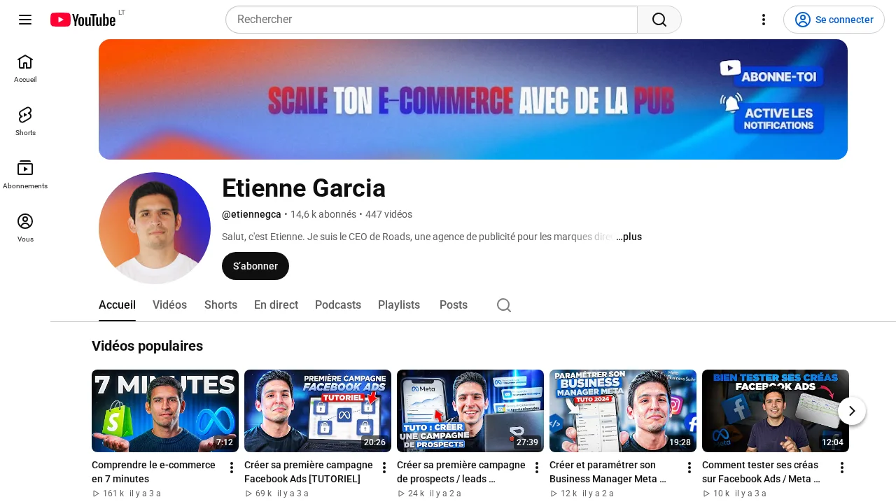 Scale ton e-commerce avec de la pub라는 배너와 광고 캠페인 튜토리얼이 있는 Etienne Garcia의 YouTube 채널