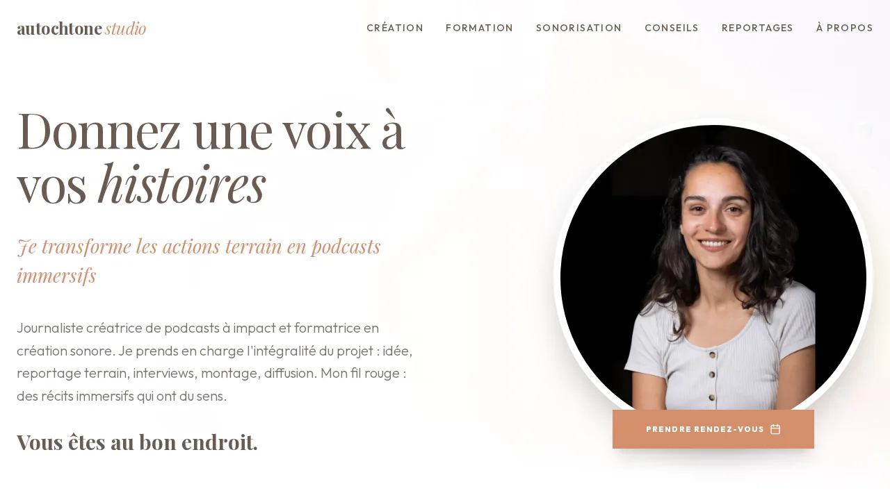 Maud Calves のウェブサイト autochtone studio のトップページ。見出しは Donnez une voix à vos histoires