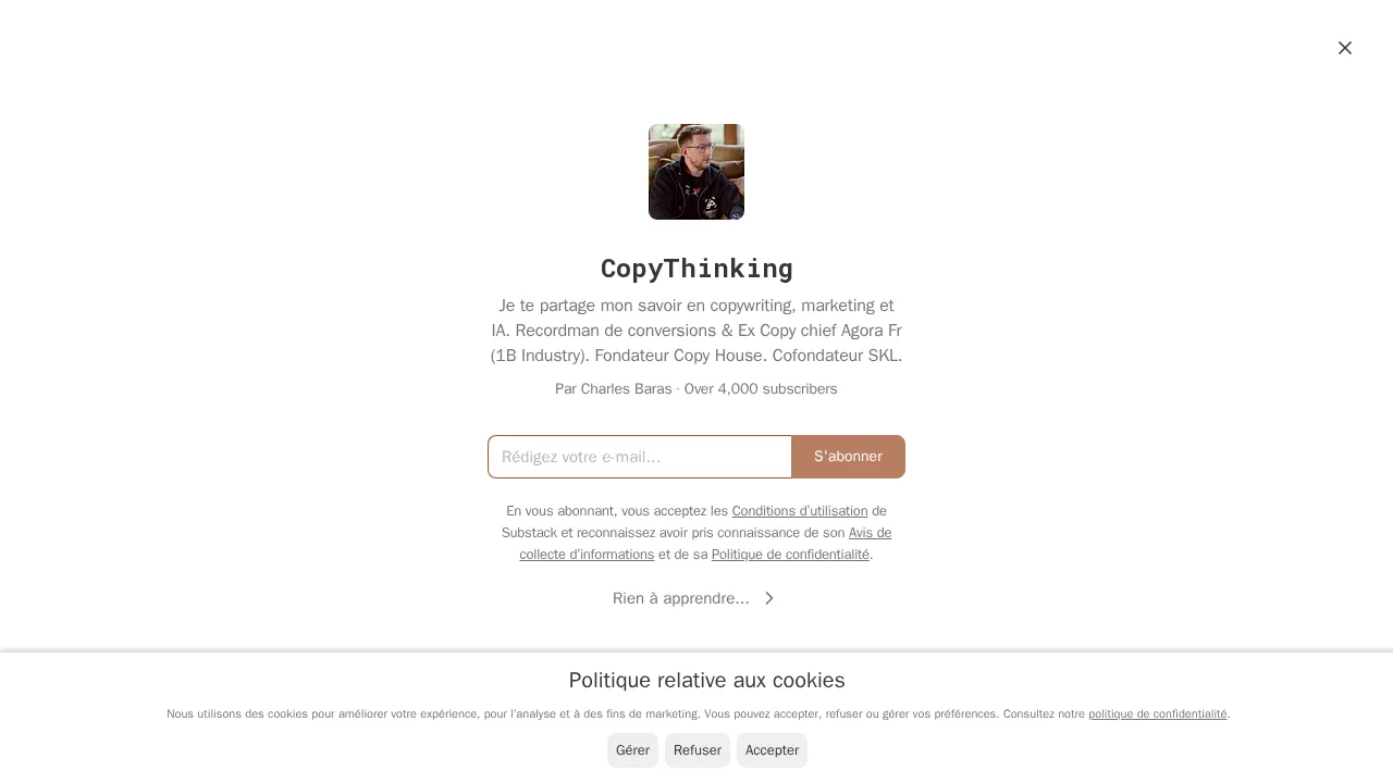 コピーライティング、マーケティング、AI を扱う Charles Baras のニュースレター CopyThinking の登録ページ