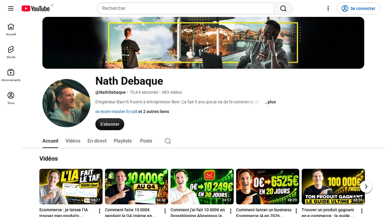 이커머스와 드롭쉬핑을 다루는 구독자 70.4k명, 영상 483개의 Nath Debaque YouTube 채널