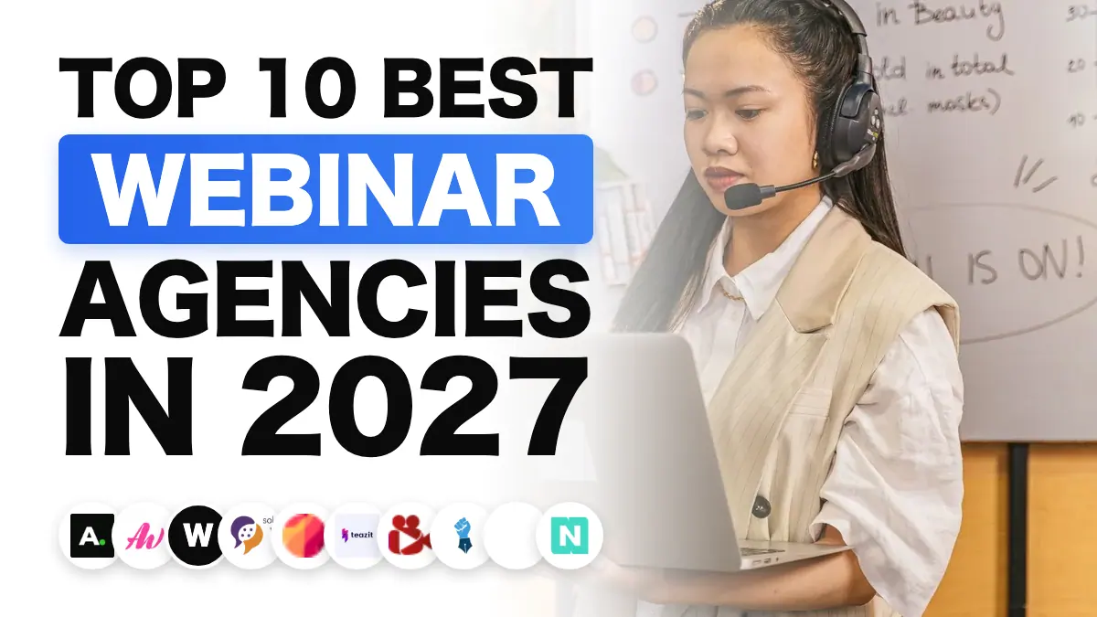 Uzaktaki bir kitleye canlı webinar sunan konuşmacı, Fransa'daki en iyi webinar ajanslarının sıralamasını gösteriyor