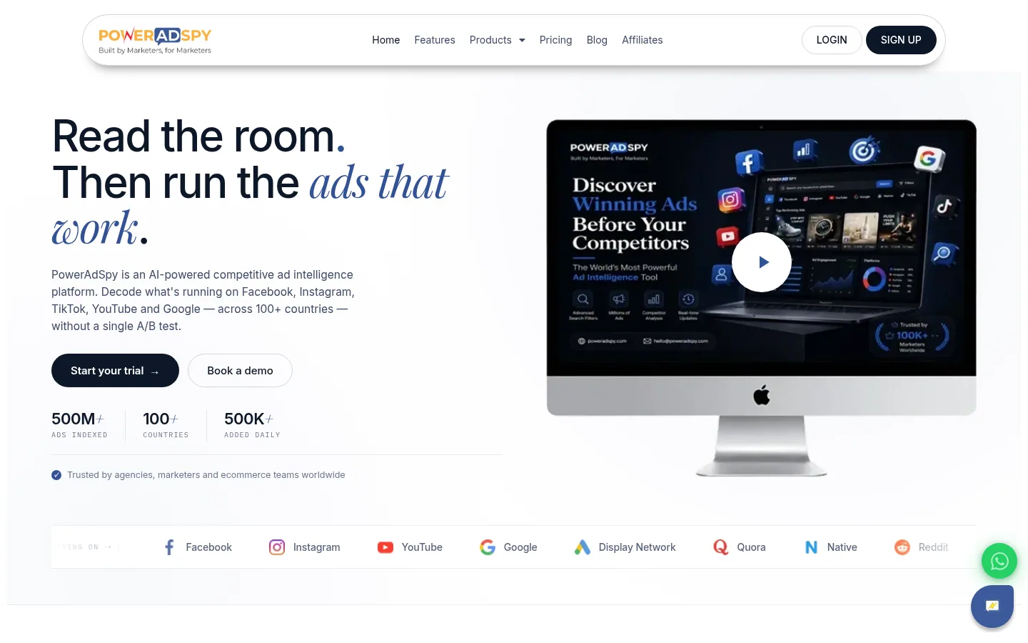 Homepage of the PowerAdSpy software