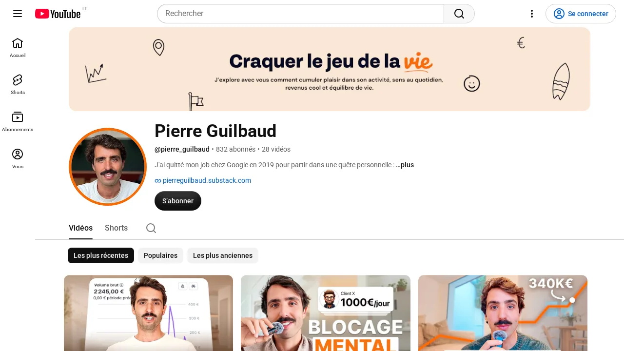 Craquer le jeu de la vie라고 적힌 배너가 있는 Pierre Guilbaud의 YouTube 채널
