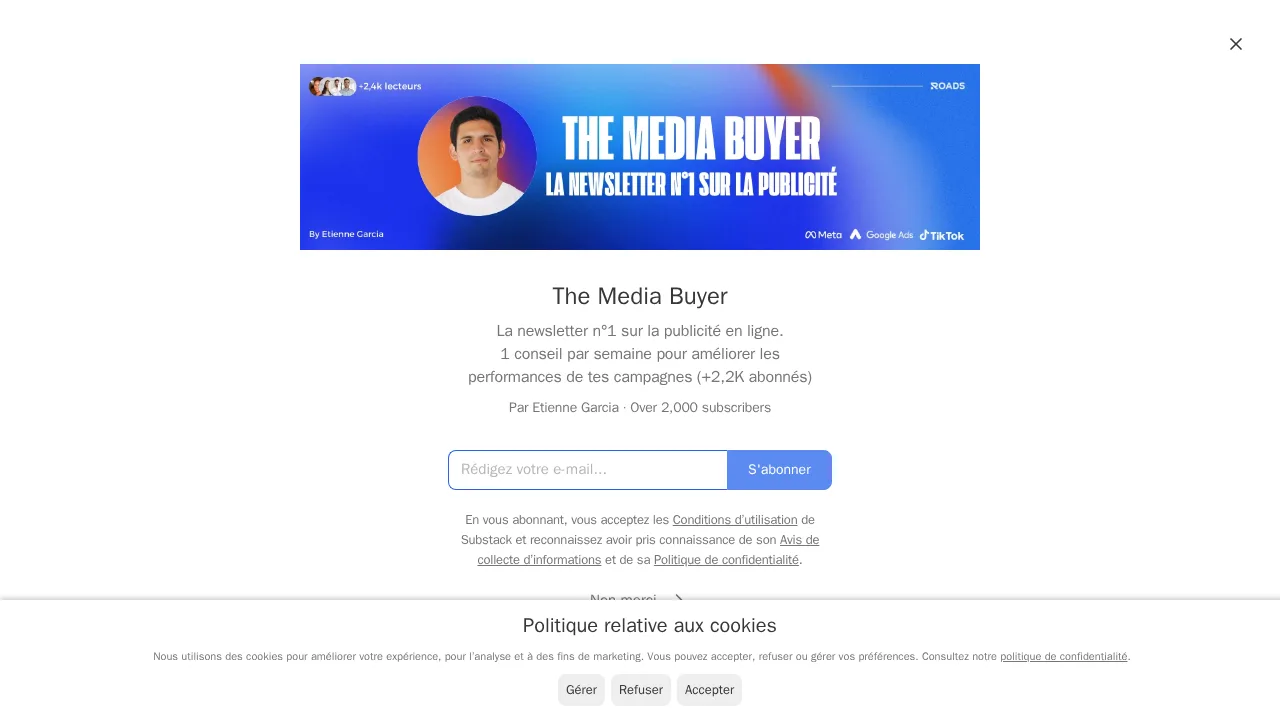 Etienne Garcia가 쓰는 온라인 광고 뉴스레터 The Media Buyer의 구독 페이지