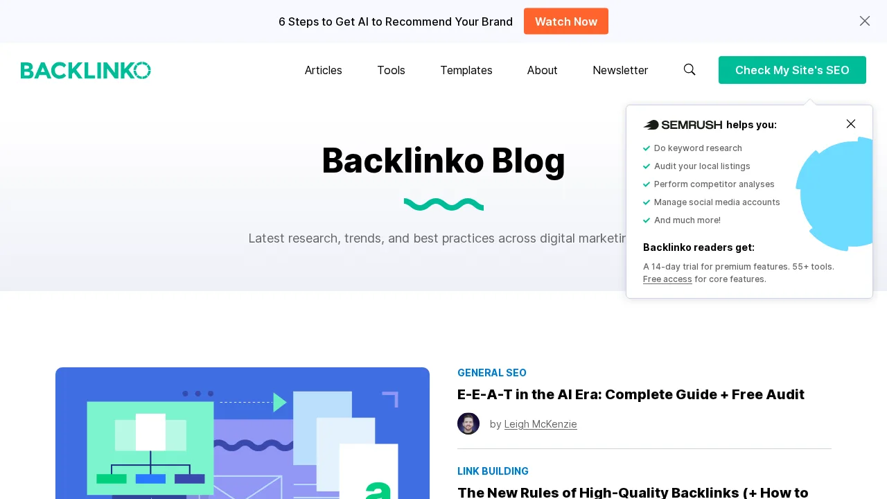 Beranda Backlinko Blog dengan judulnya, popup promosi Semrush, dan artikel terbaru tentang E-E-A-T dan backlink berkualitas tinggi