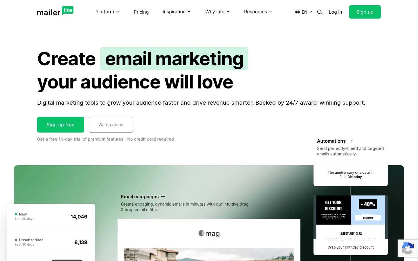 Homepage of the MailerLite software