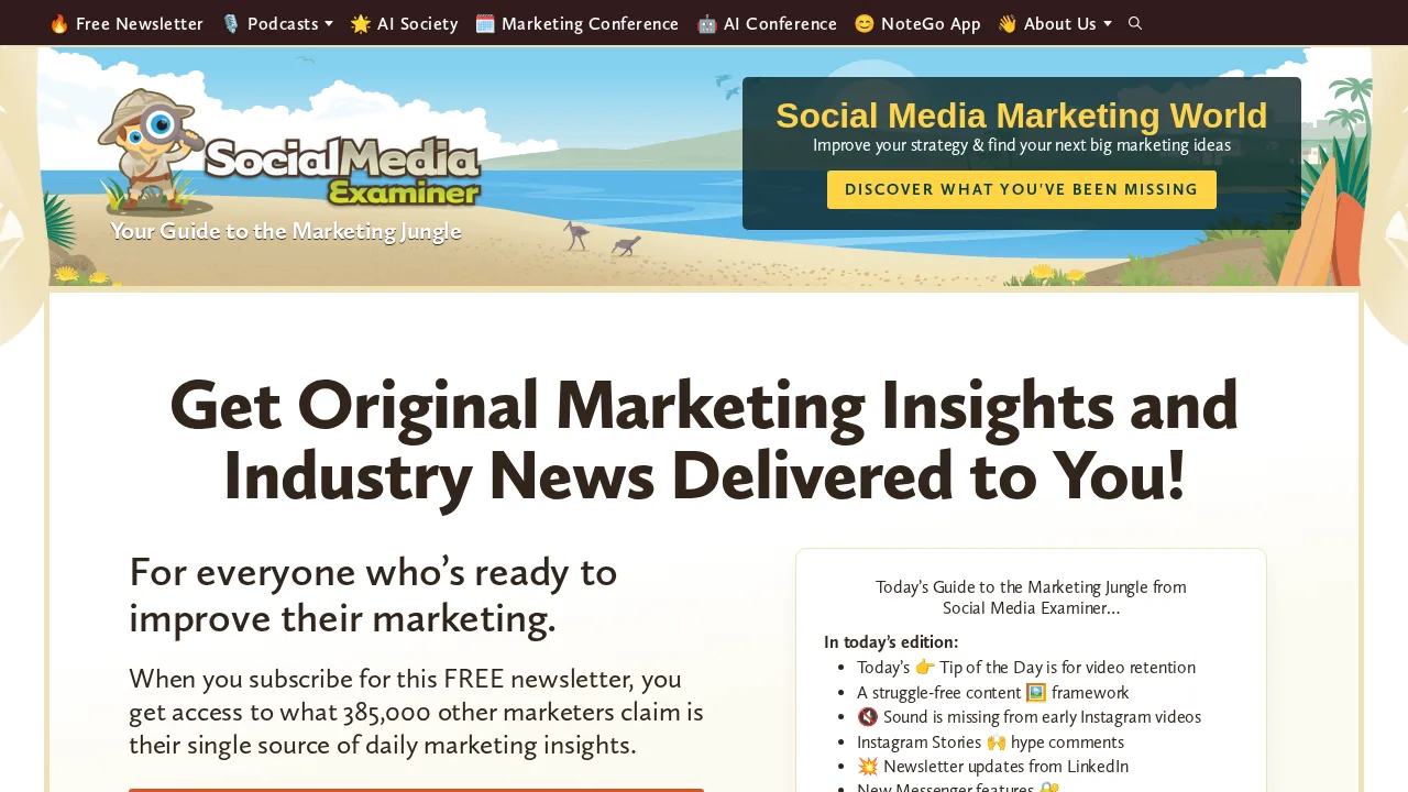 Beranda Social Media Examiner dengan logo maskot penjelajahnya, banner Social Media Marketing World, dan penawaran pendaftaran newsletter marketing harian gratis