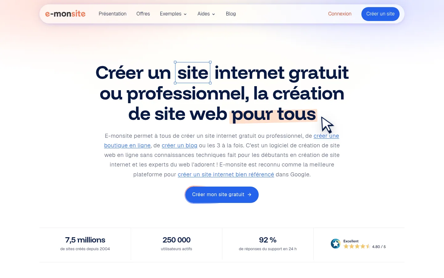 Homepage del software e-monsite