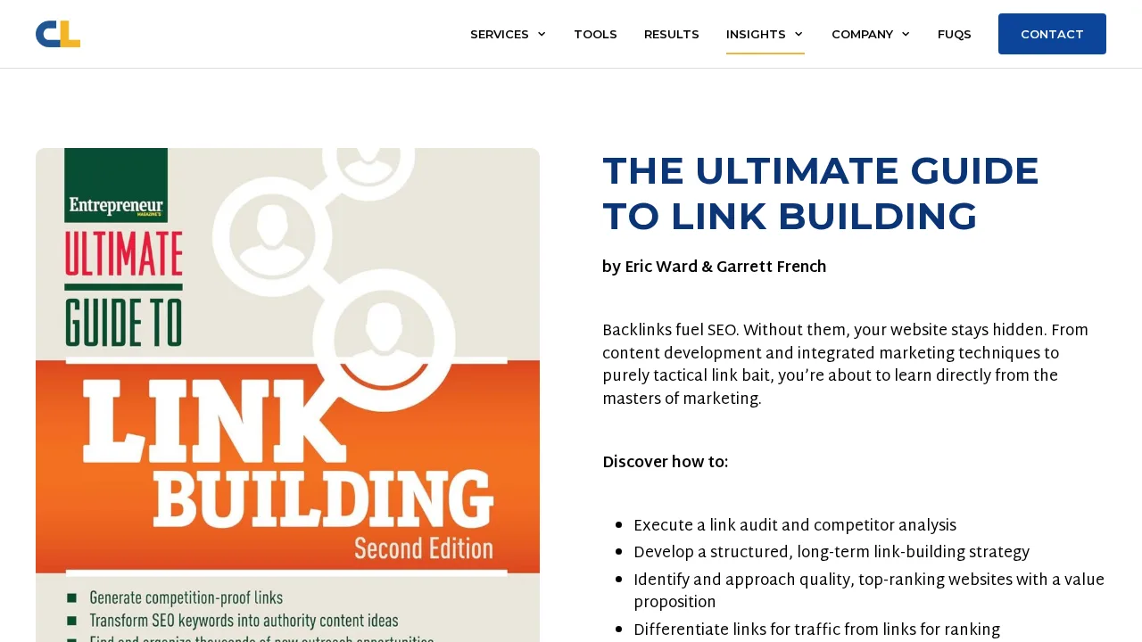 Eric Ward ve Garrett French'in The Ultimate Guide to Link Building kitabına ait Citation Labs sayfası; ikinci baskı kapağı ve kitabın öğrettiklerinin listesi