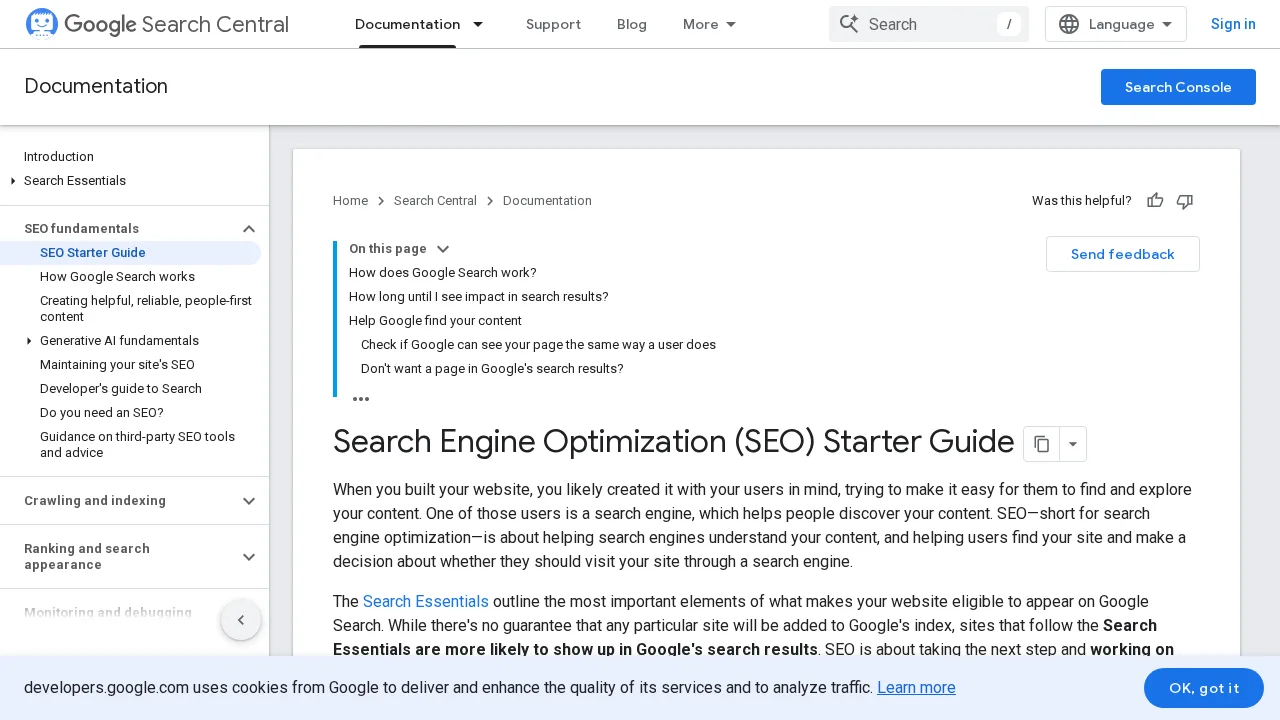Halaman Google Search Central untuk SEO Starter Guide, dengan menu dokumentasi dan bagian awal panduan