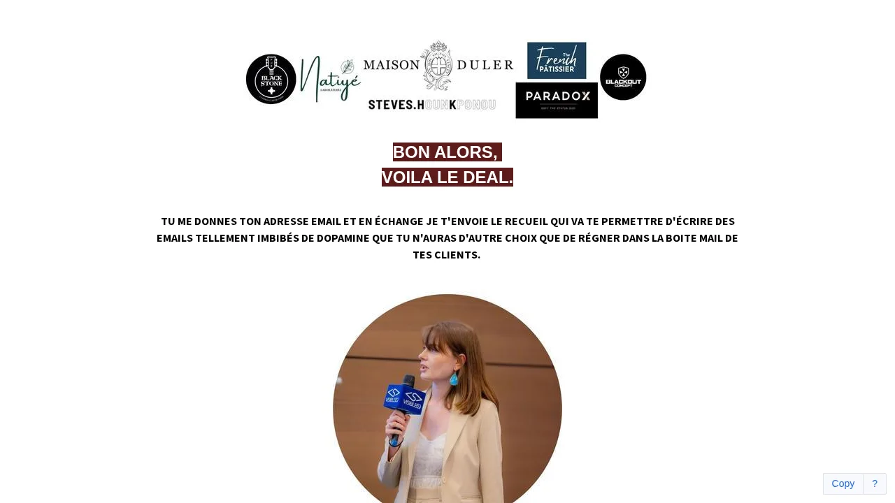 이메일 주소를 받는 대가로 이메일 작성 가이드를 제공하는 Axelle Guer의 구독 페이지와 무대에서 발표하는 그녀의 사진