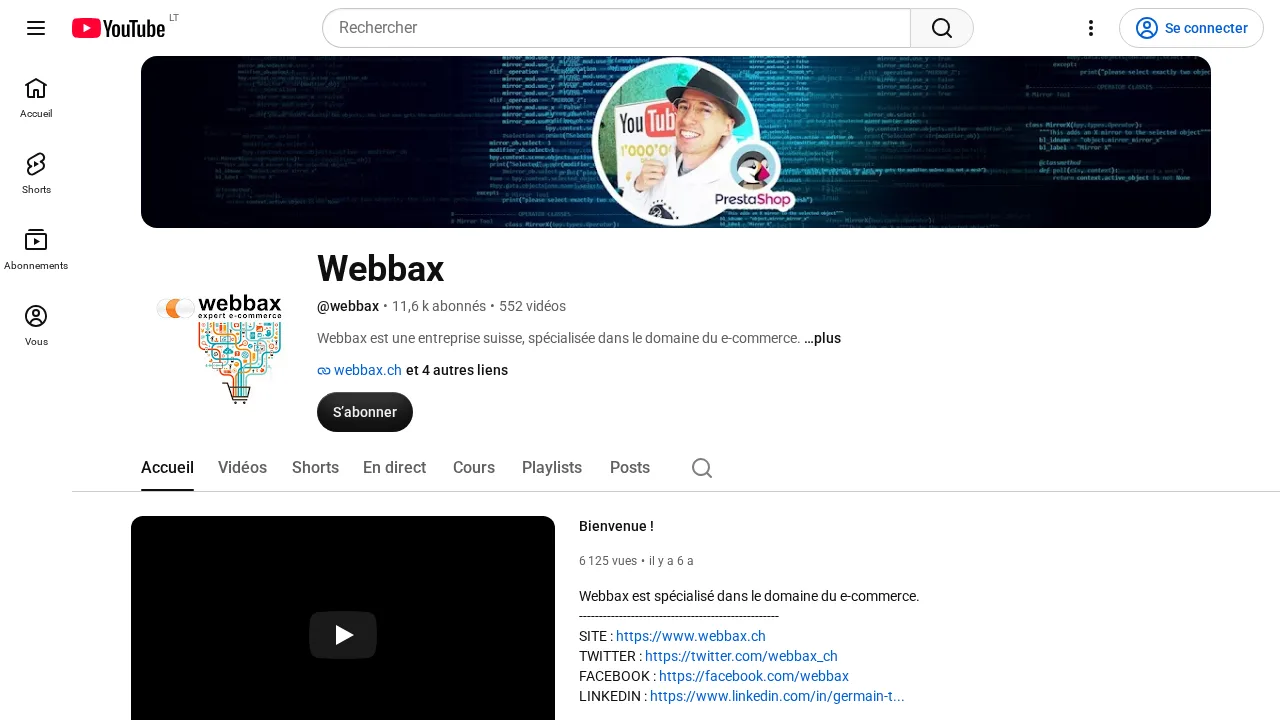 구독자 11.6k명과 PrestaShop 배너가 보이는 Germain Tenthorey의 YouTube 채널 Webbax