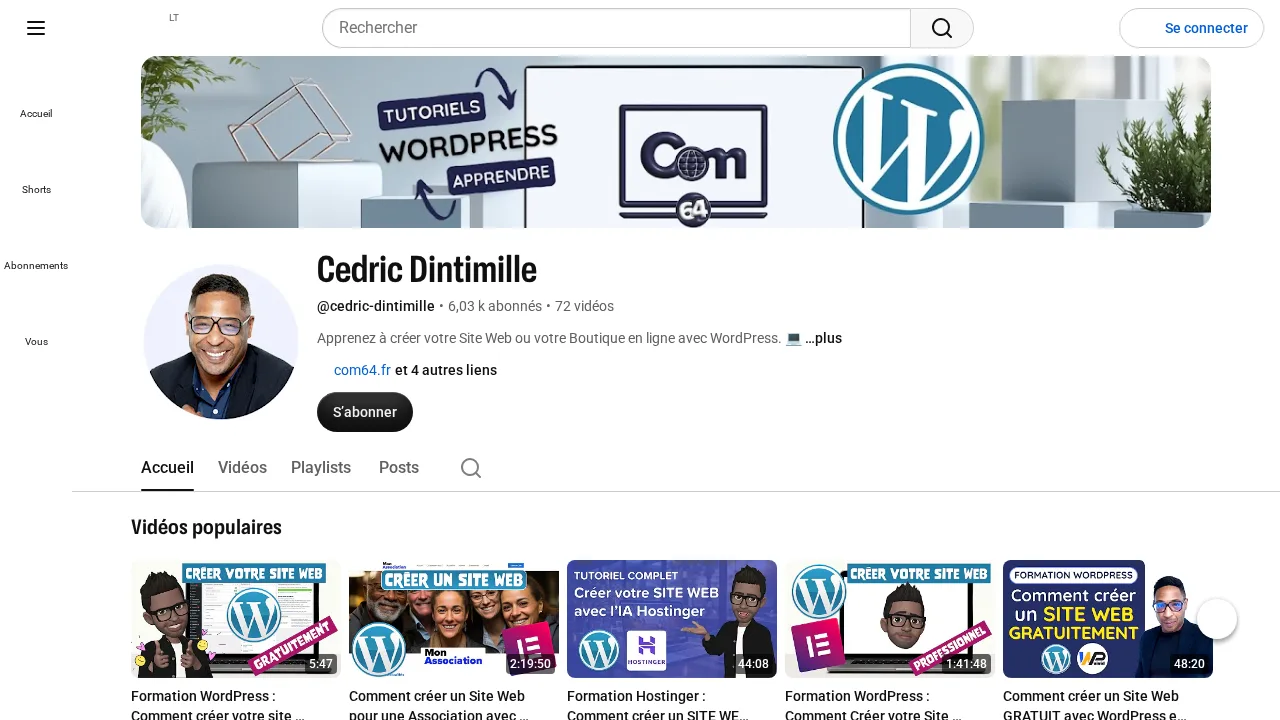 Cédric Dintimille の YouTube チャンネル。登録者 6030 人、Com64 のバナーと WordPress チュートリアル
