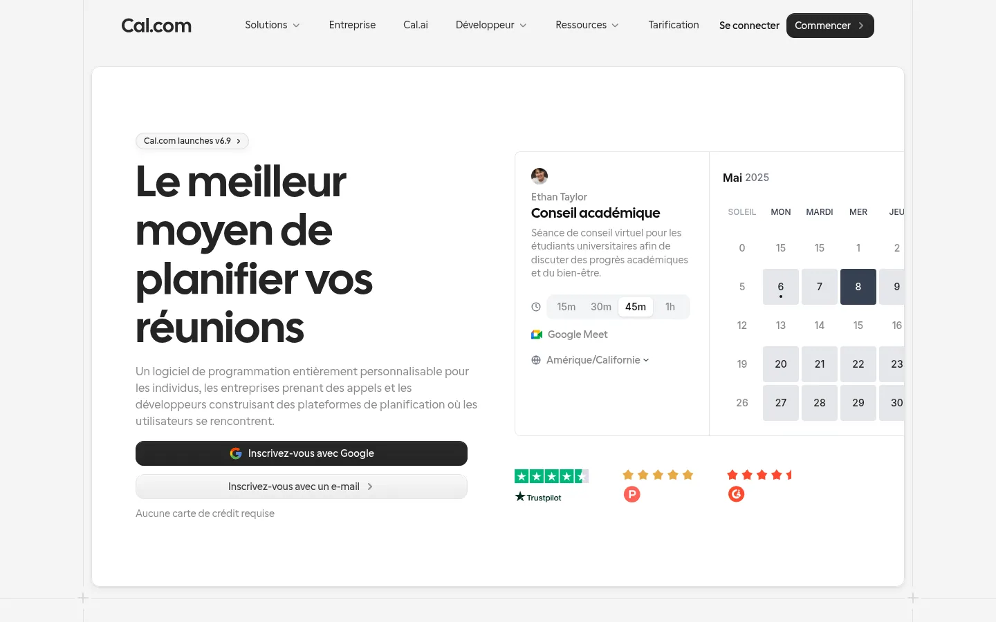 Home page del software Cal.com