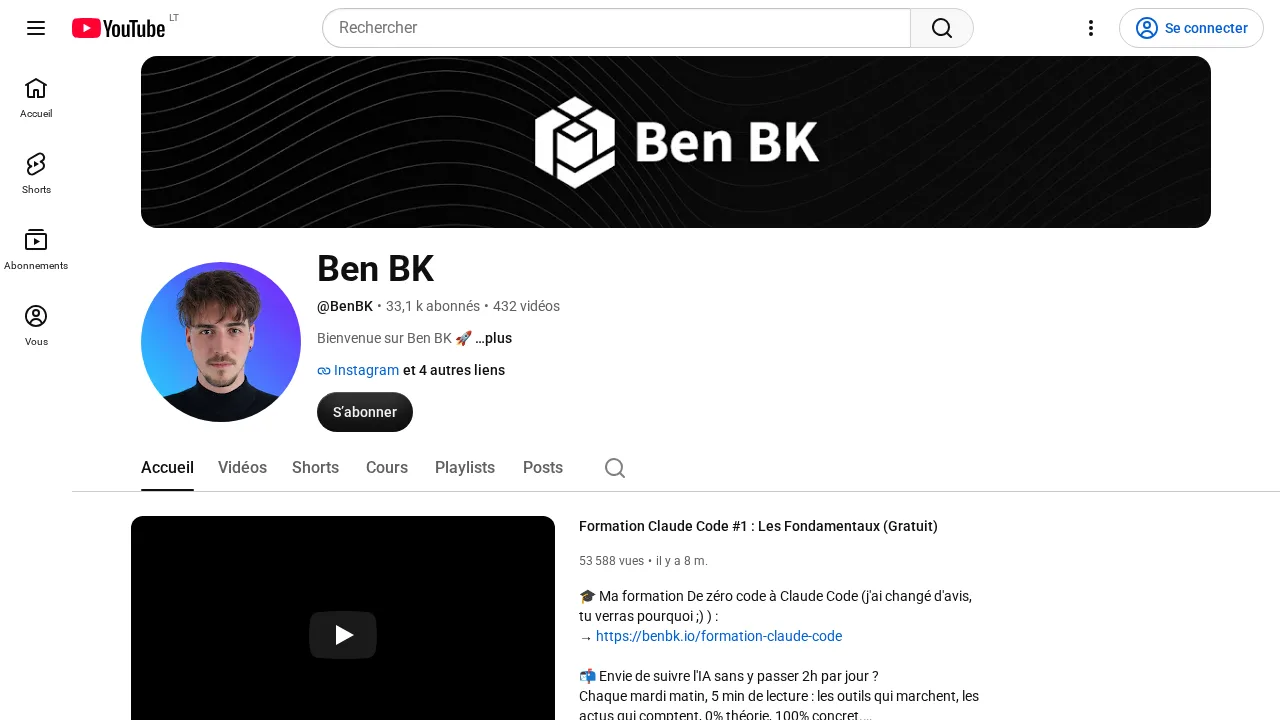 Claude Code 기초에 관한 무료 영상이 강조된 Benjamin Brucher의 YouTube 채널 Ben BK