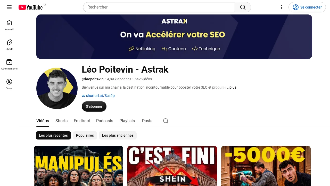 YouTube チャンネル Léo Poitevin - Astrak。リンクビルディング、コンテンツ、テクニカル SEO を扱う彼のエージェンシー Astrak のバナー付き